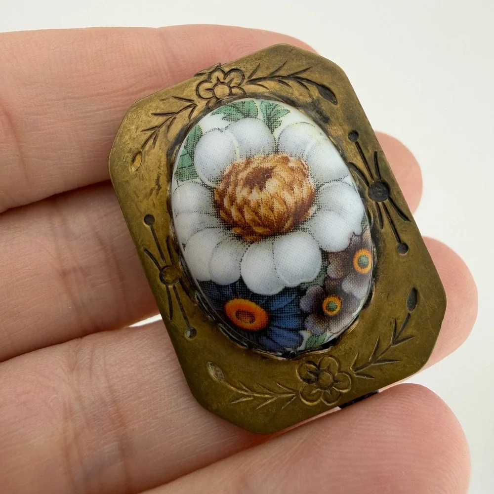 Vintage Antique Brass Porcelain Flower Brooch Pin Hand Painted Victorian Style